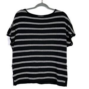 St. John Black Cream Striped Short Sleeve Wool Blend Sweater M EUC